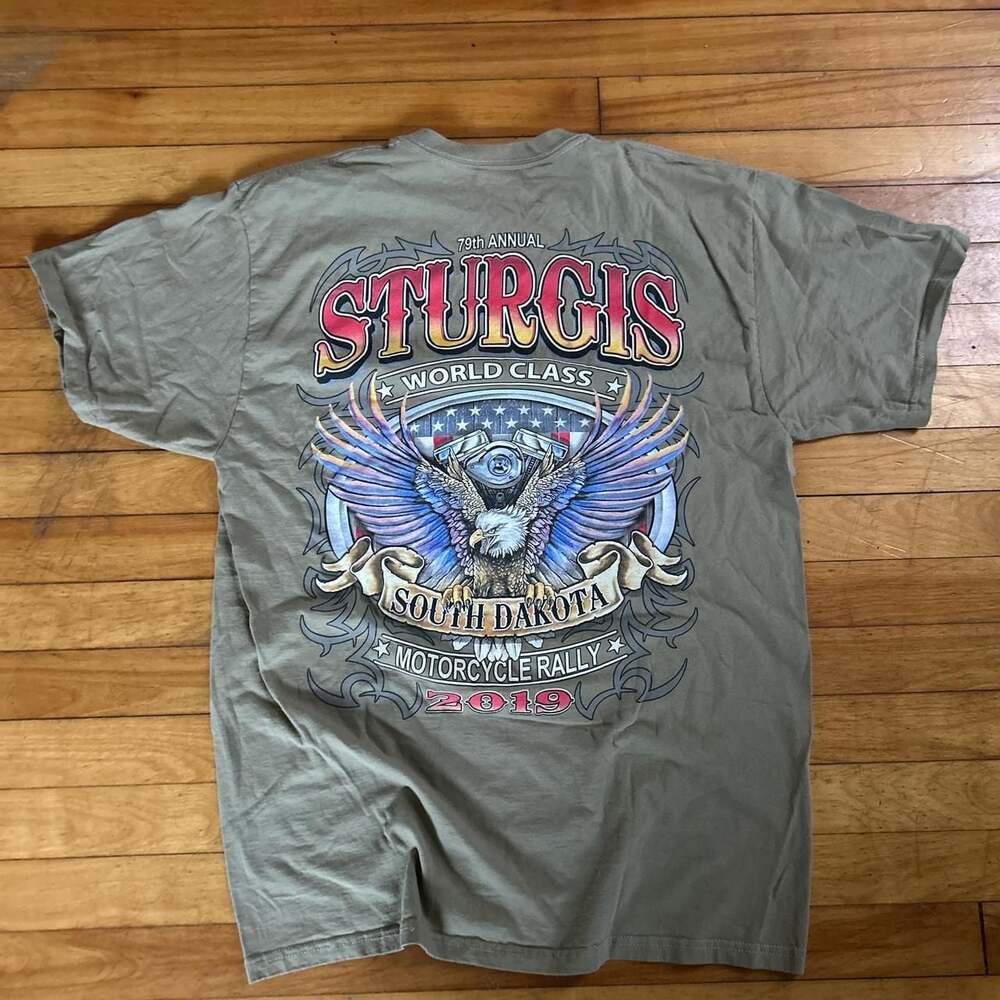Vintage Style Sturgis 2019 Motorcycle Rally T-Shirt Olive Green L